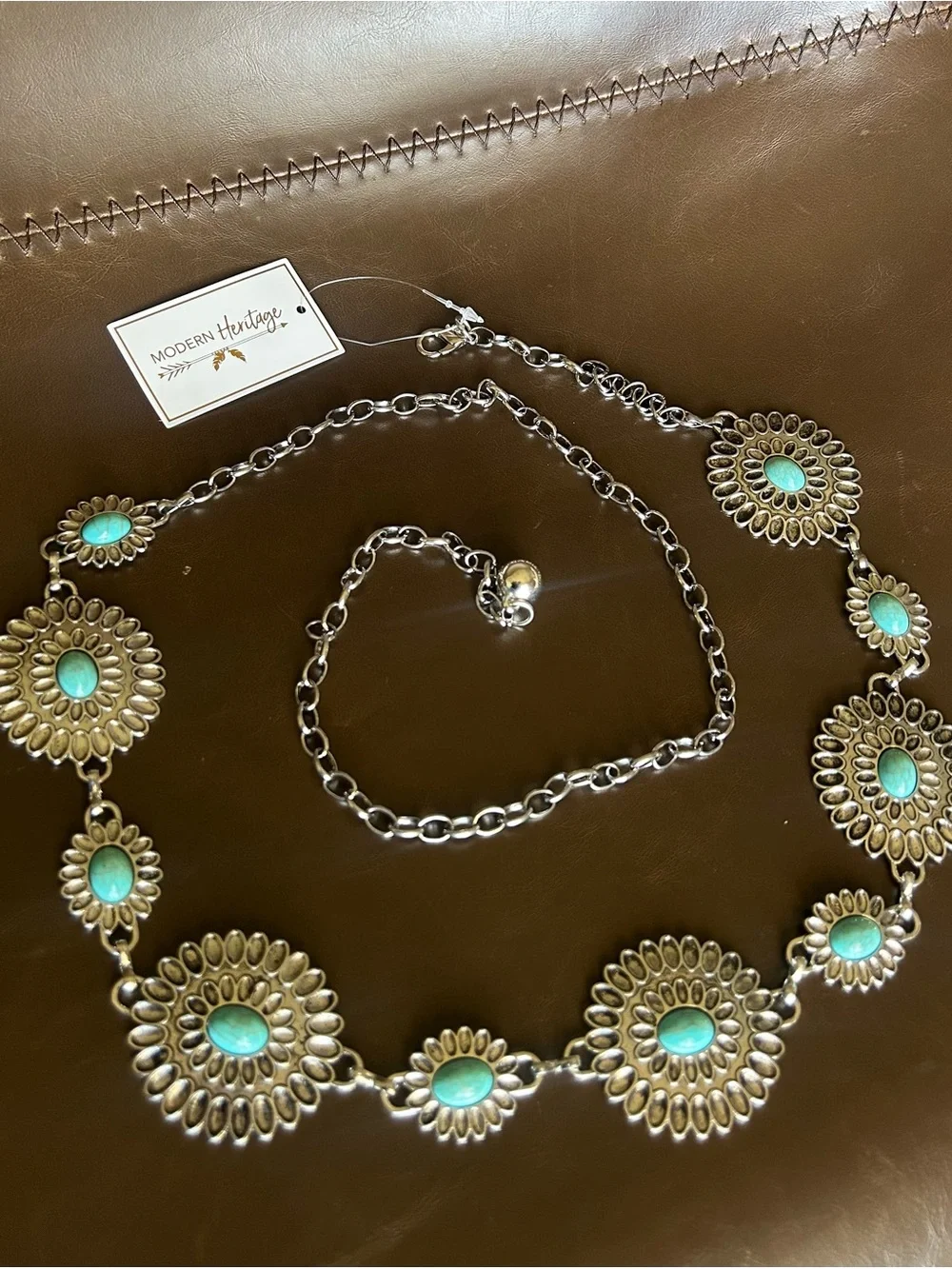 Modern Heritage Western Adjustable Turquoise Concho Belt | Silver | NWT